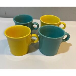 VTG Fiesta HLC USA Ring Handle Coffee Mugs Turquoise Yellow Set of 4 Ceramic 10o